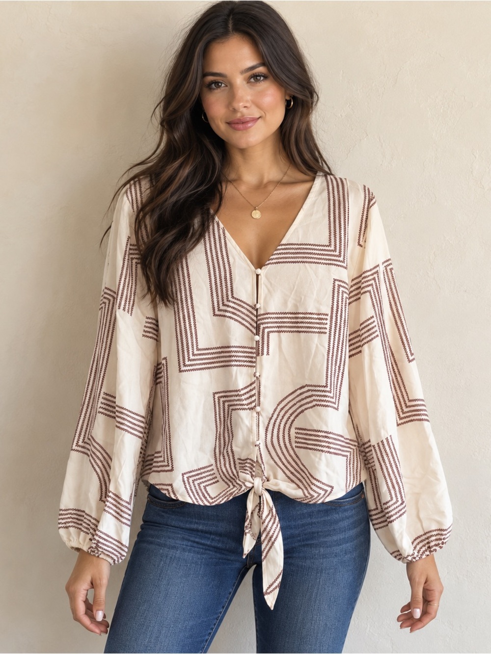 Kismet L Cream Geometric Print Blouse Tie Hem Button Front Boho Rayon